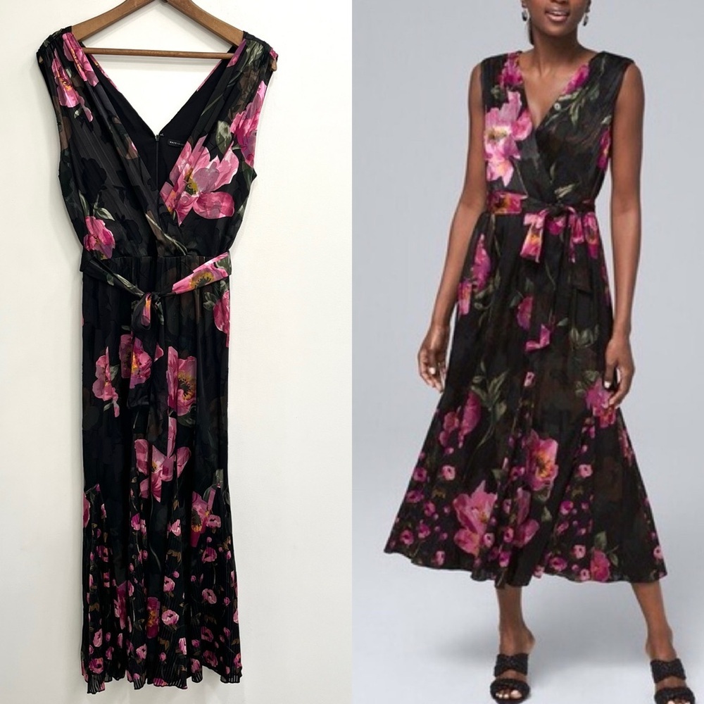 WHBM black pink floral chiffon burnout velvet sleeveless midi dress size 10